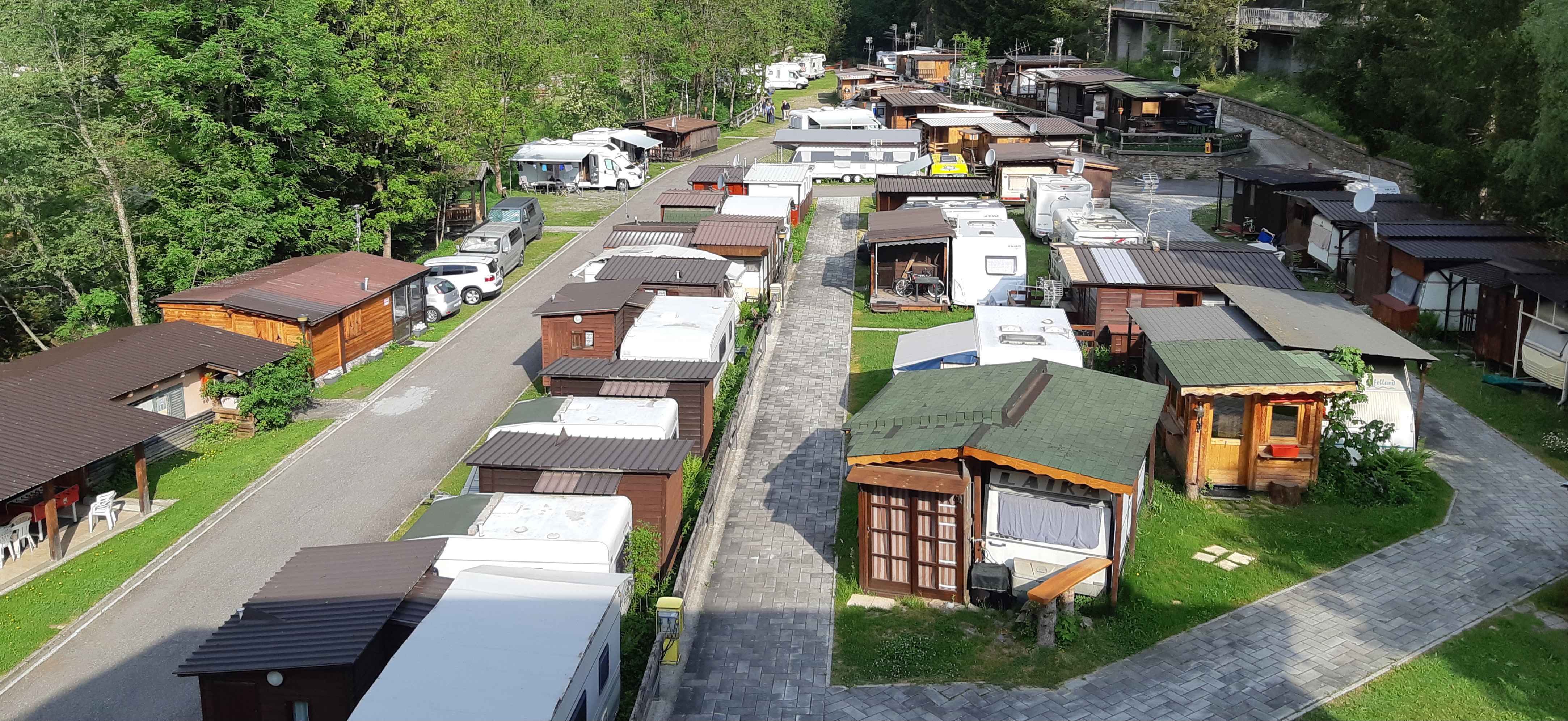 Bosco di conifere e cime alpine intorno a Camping Aprica